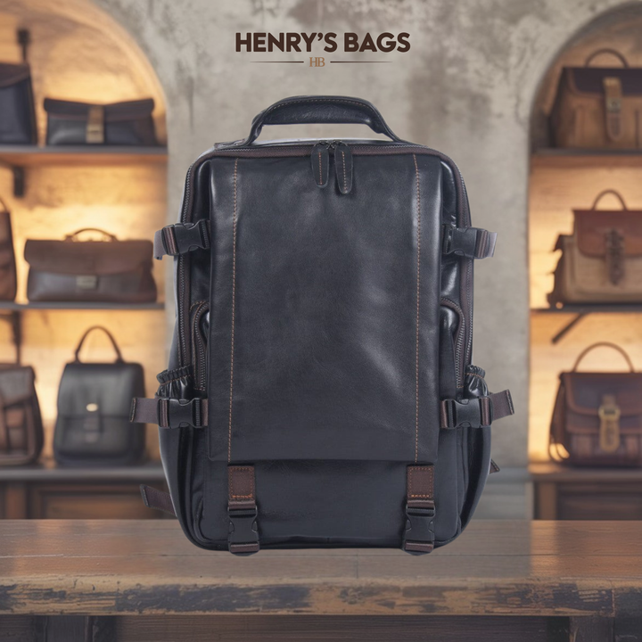 Isaac | Men's Black Leather Backpack