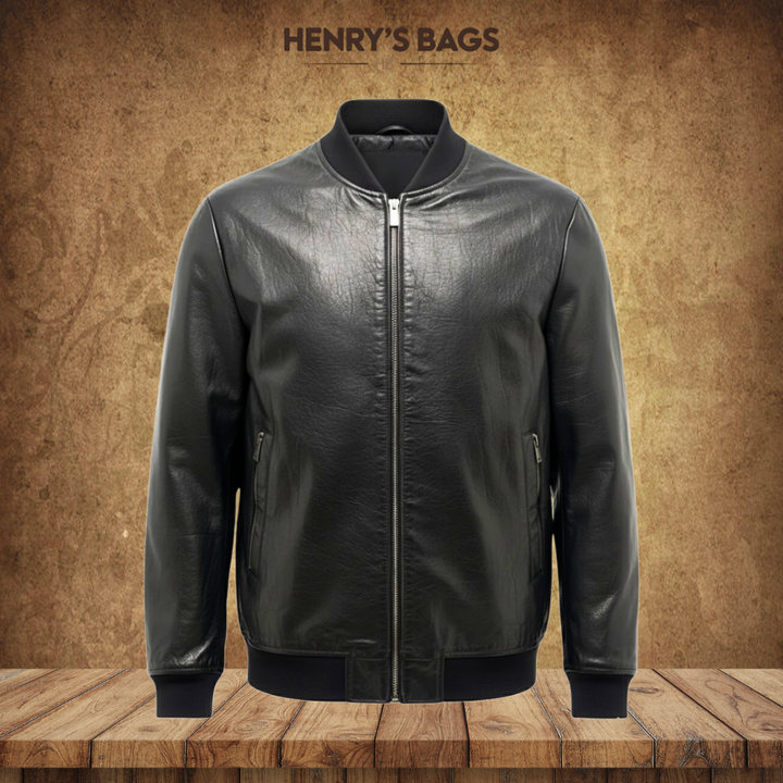 Raymund | Zip-Up Black Bomber Leather Jacket
